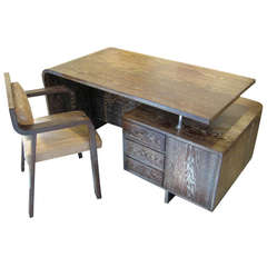 Art Moderne Cerused Oak Waterfall Desk with Matching Chair, Circa 1940s