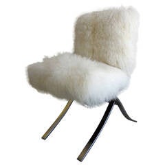 Playfully Fluffy Chrome-Plated Chair Upholstered in Tibetan Lambskin  C. 1970s