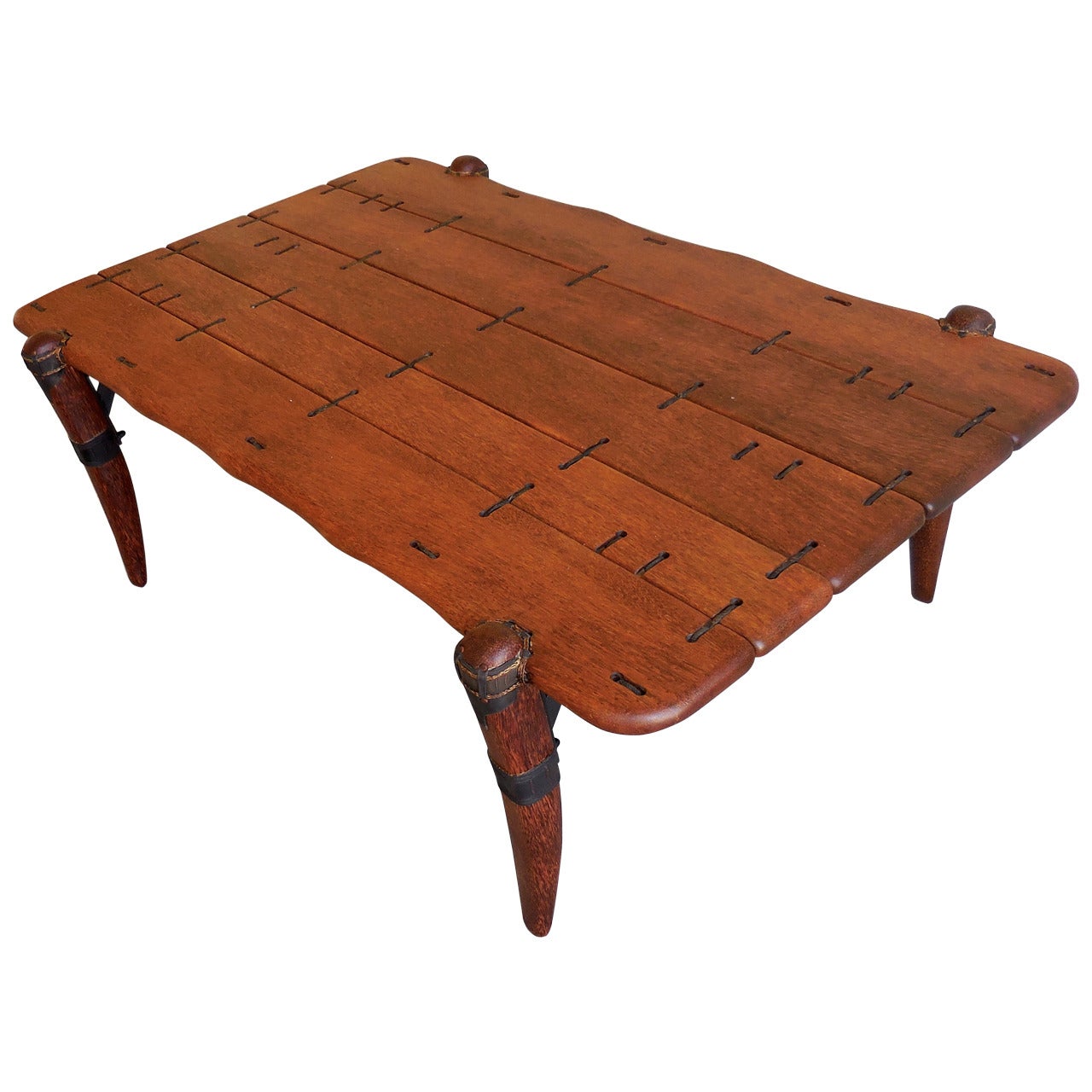 Intriguing Palm Wood and Leather Vintage Coffee Table