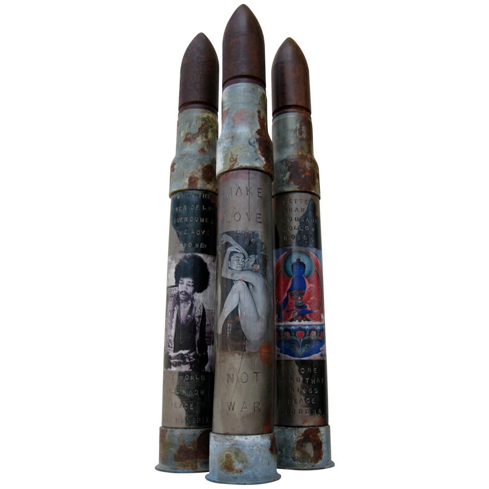 Provocative Trio of Dummy Artillery Shells with Non-Violent Credo and Imagery