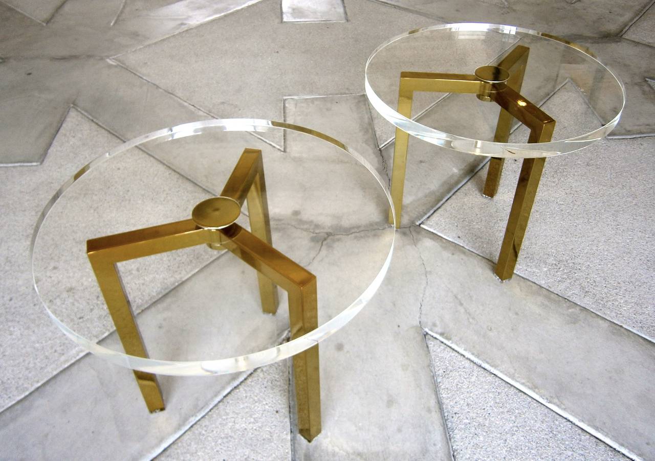 A substantial pair of brass plated steel and Lucite 