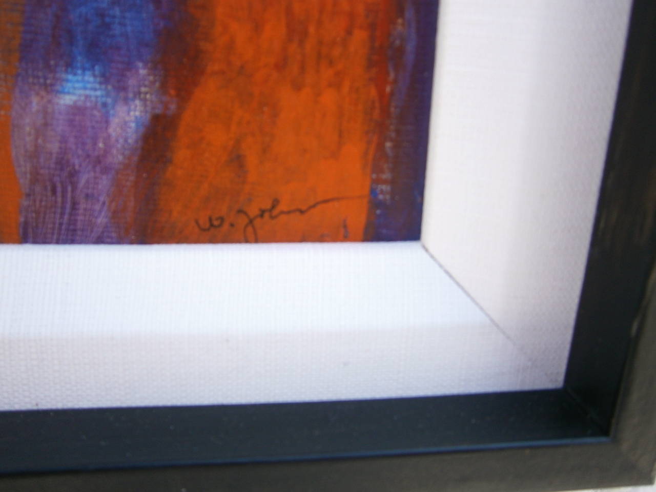 A concise and powerful abstract oil on board by California Abstract Expressionist Wesley E. Johnson from the 1980s. The artist's use of color creates significant heat in a confined space. This heat is inherent in the reds and off-whites which is set