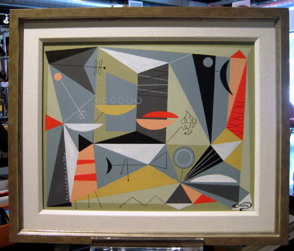An original gouache on panel painting by American artist CMarZ.<br />
Beautifully framed in a patinated silver contemporary frame with a thick linen matte.The theme of this painting was inspired by the works of mid century masters Charles and Ray