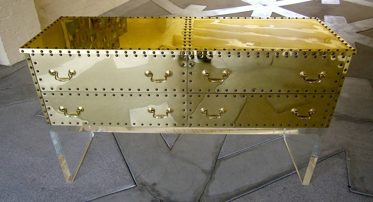 Mid-Century Modern Brass-Clad Long Chest on Lucite Base  Attributed to Sarried  C 1980s