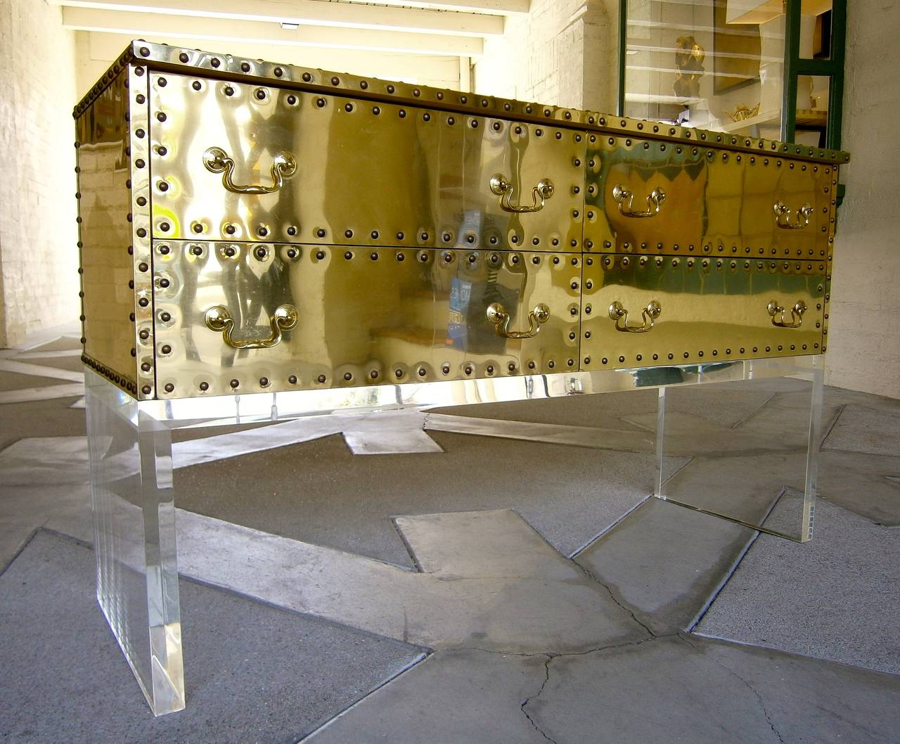 Spanish Brass-Clad Long Chest on Lucite Base  Attributed to Sarried  C 1980s
