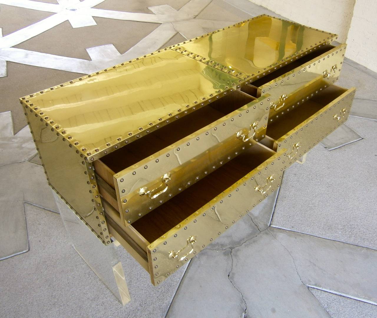 Brass-Clad Long Chest on Lucite Base  Attributed to Sarried  C 1980s 1
