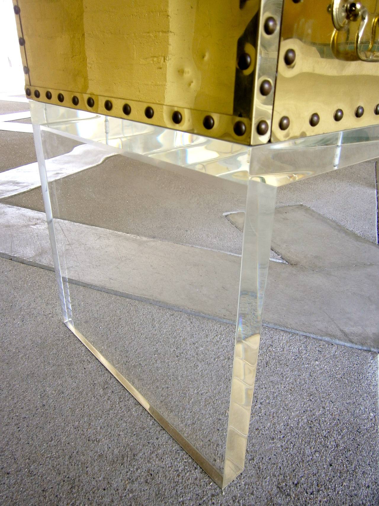 Brass-Clad Long Chest on Lucite Base  Attributed to Sarried  C 1980s In Excellent Condition In Palm Springs, CA