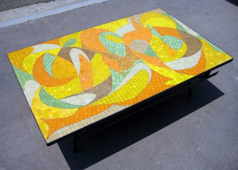 A fantastic custom mosaic topped coffee table.<br />
The base of this table is George Nelson for Arbuck and the top <br />
is a vintage 1950's unique glass mosaic composition fitted to the base.