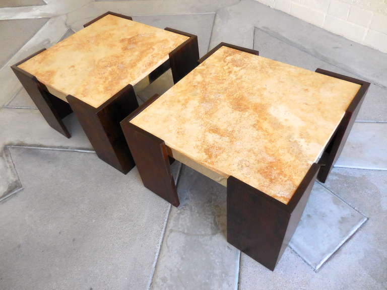 A terrific pair of 1960s Brazilian mahogany and brass side tables In Excellent Condition For Sale In Palm Springs, CA