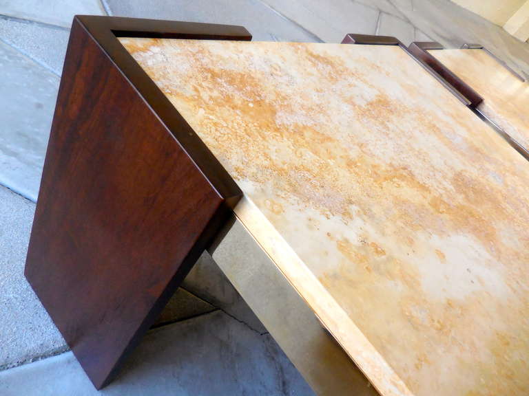A terrific pair of 1960s Brazilian mahogany and brass side tables For Sale 1
