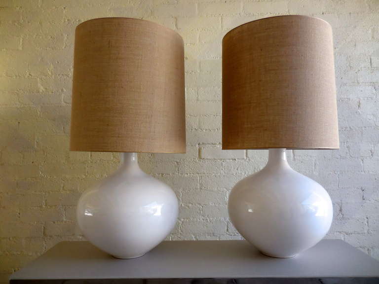 Mid-Century Modern Pair of Monumental White Glazed Pottery Table Lamps, circa 1980s