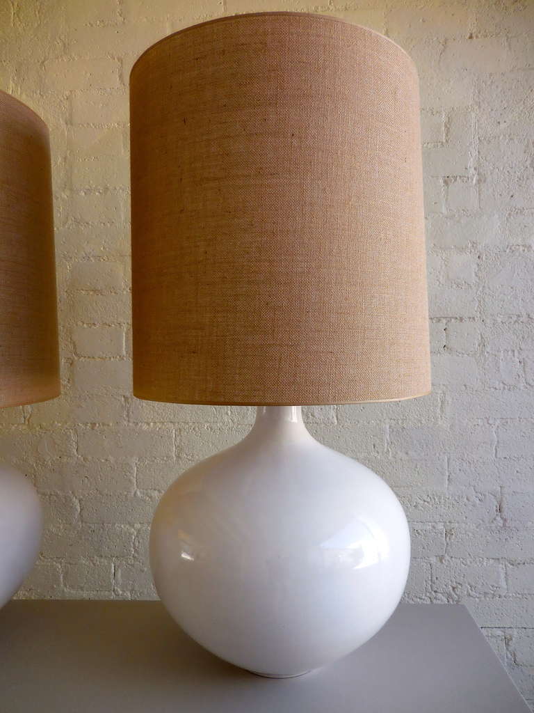 American Pair of Monumental White Glazed Pottery Table Lamps, circa 1980s