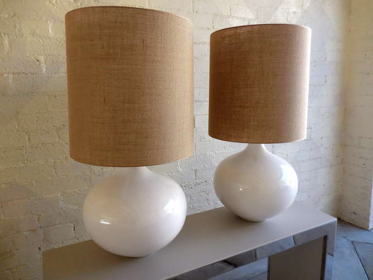 Pair of Monumental White Glazed Pottery Table Lamps, circa 1980s In Excellent Condition In Palm Springs, CA