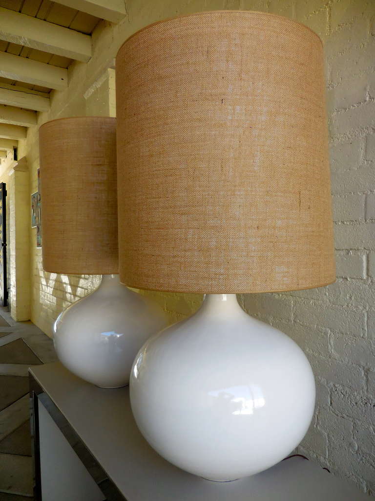 Pair of Monumental White Glazed Pottery Table Lamps, circa 1980s 1