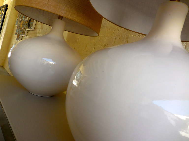 Pair of Monumental White Glazed Pottery Table Lamps, circa 1980s 3