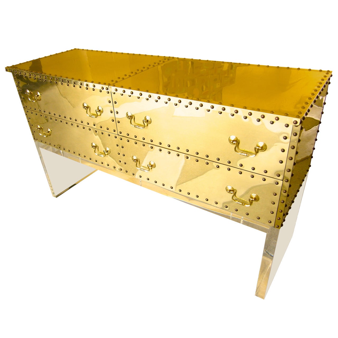 Brass-Clad Long Chest on Lucite Base  Attributed to Sarried  C 1980s