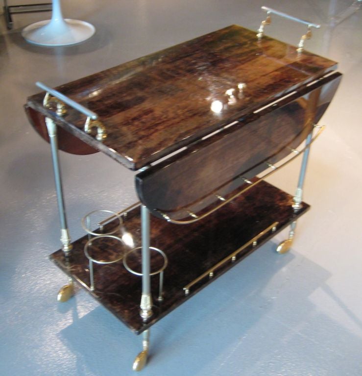 A vintage goat skin drop leaf bar cart by Aldo Tura circa 1955