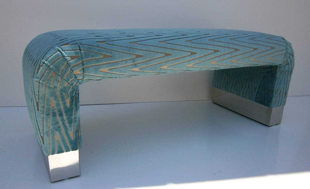 Plated Luxurious Upholstered Waterfall Bench in the Style of Steve Chase.  C. 1992