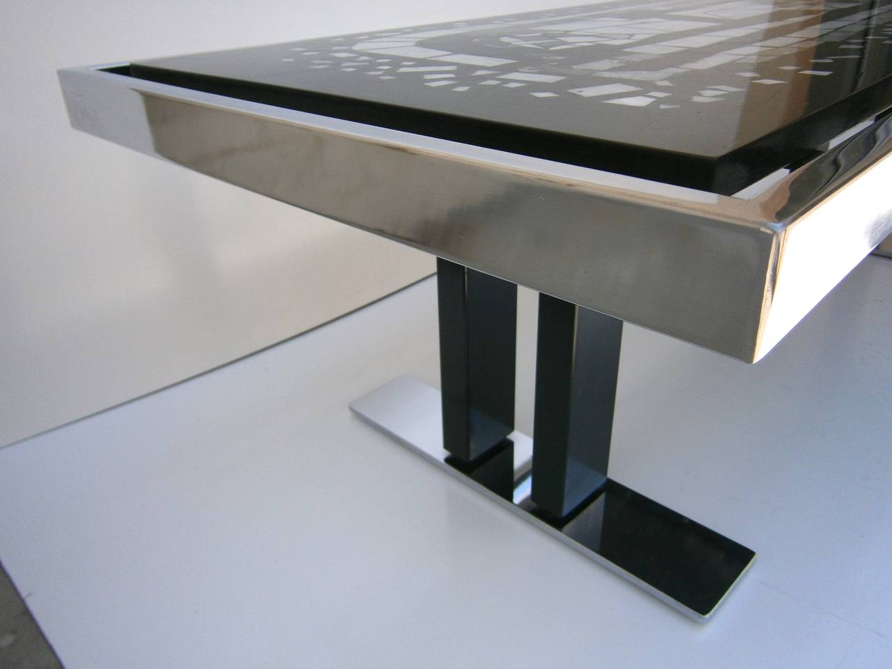 Blackened Extraordinary 1970's Stone Inlaid Resin and Plated Steel European Cocktail Table