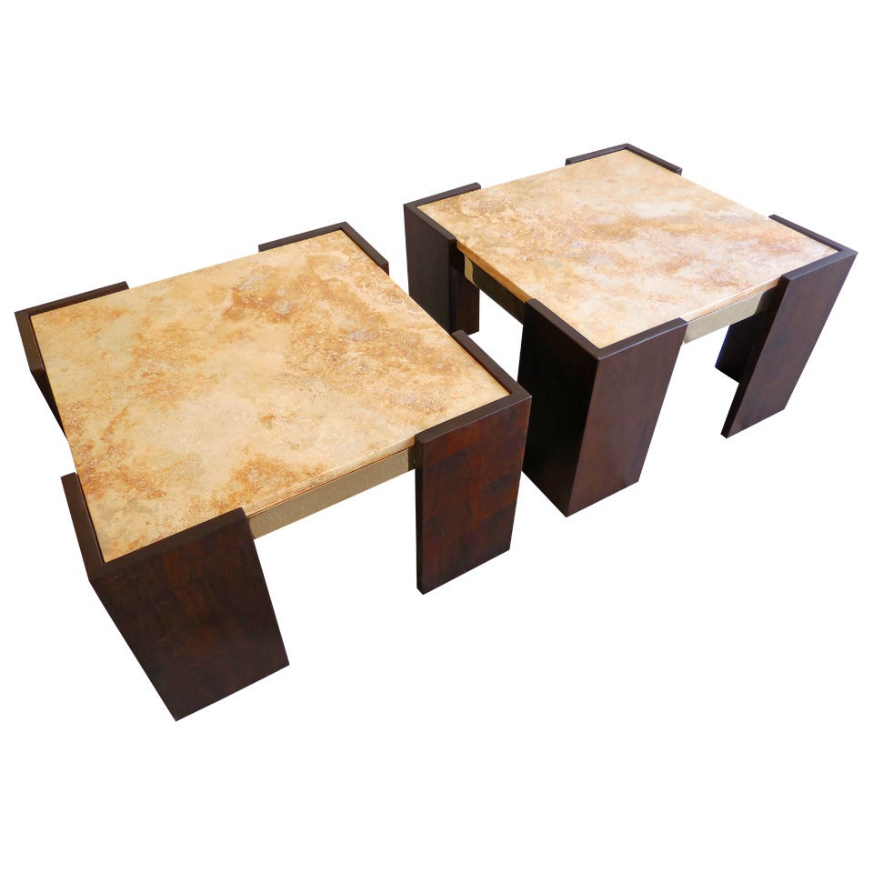 A terrific pair of 1960s Brazilian mahogany and brass side tables For Sale