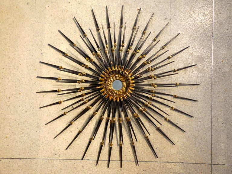 Dynamic Radiant Wall Sculpture with Gilded Details and Mirrored Center For Sale 3