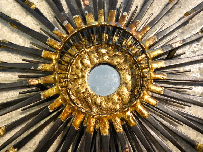 Mid-Century Modern Dynamic Radiant Wall Sculpture with Gilded Details and Mirrored Center For Sale