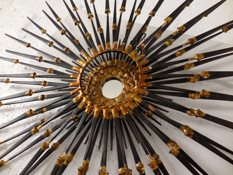 Steel Dynamic Radiant Wall Sculpture with Gilded Details and Mirrored Center For Sale