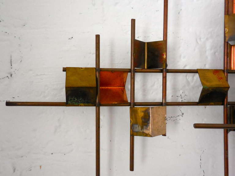 A vintage modernist mixed metal wall sculpture by William Bowie C. 1960's In Excellent Condition In Palm Springs, CA