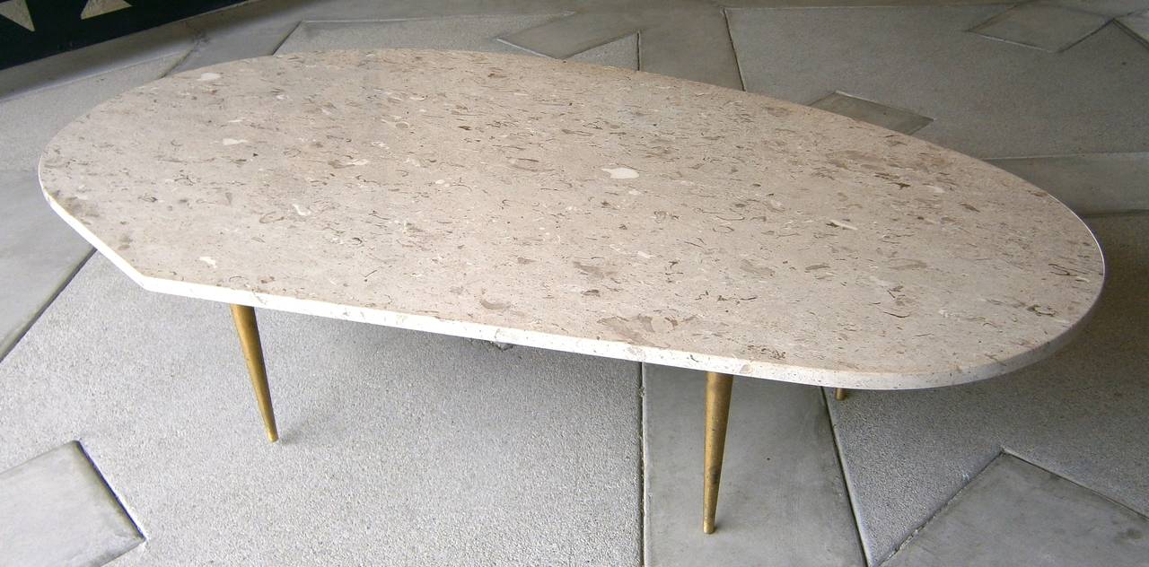 Kidney Shaped Marble Coffee Table With Brass-Plated Legs.  C. 1960 3