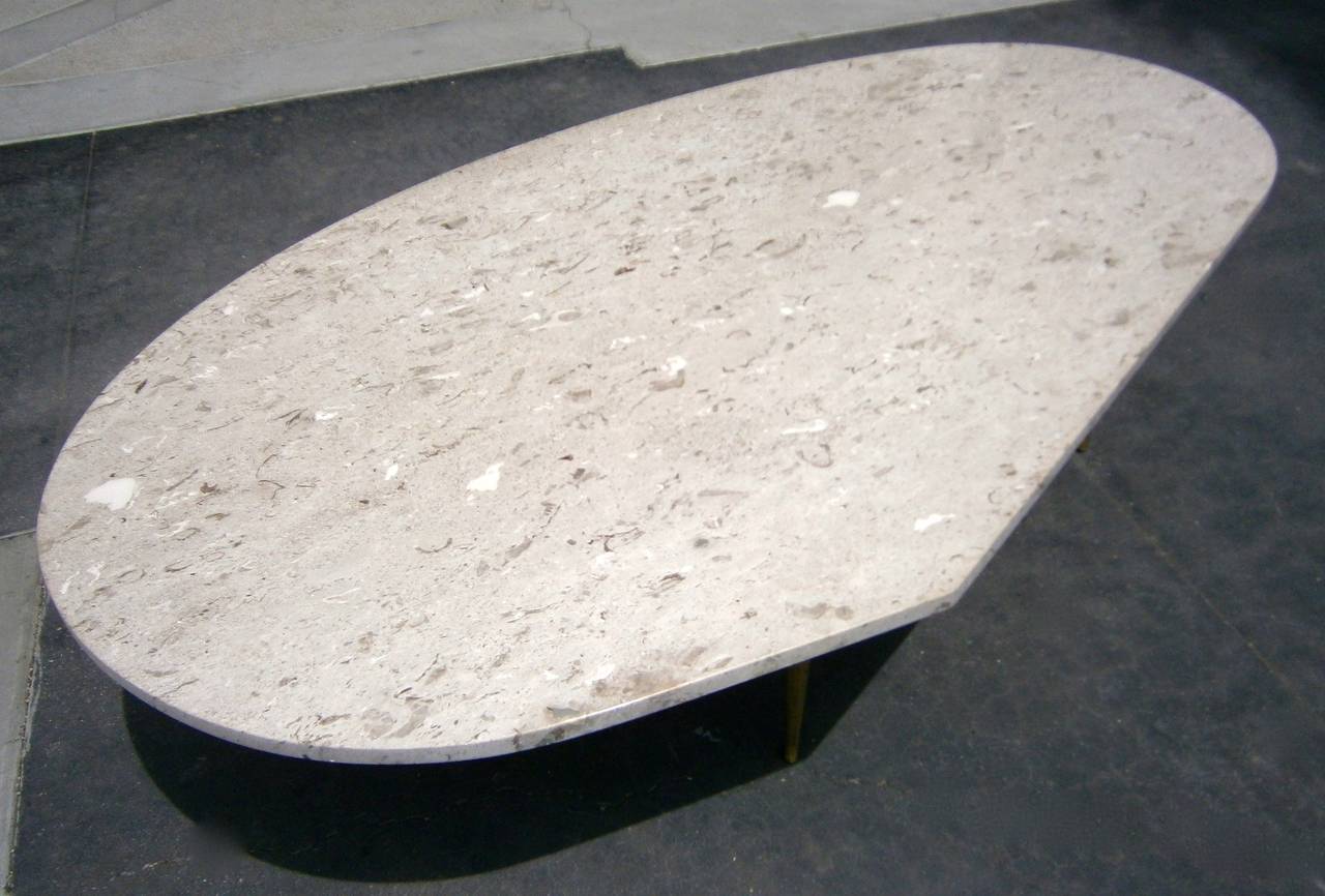Kidney Shaped Marble Coffee Table With Brass-Plated Legs.  C. 1960 In Excellent Condition In Palm Springs, CA