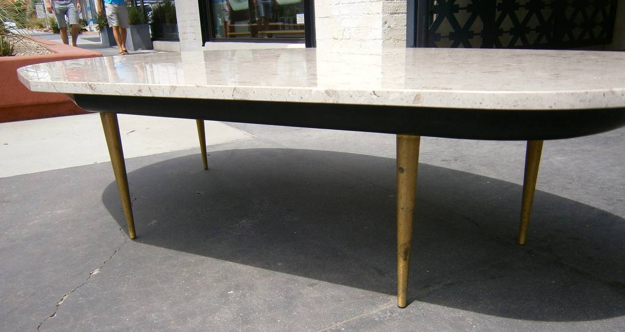 Kidney Shaped Marble Coffee Table With Brass-Plated Legs.  C. 1960 2