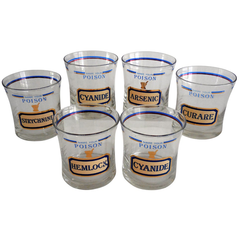 Set of Six "Name Your Poison" Rocks Glasses, Sold by Neiman Marcus, circa 1980