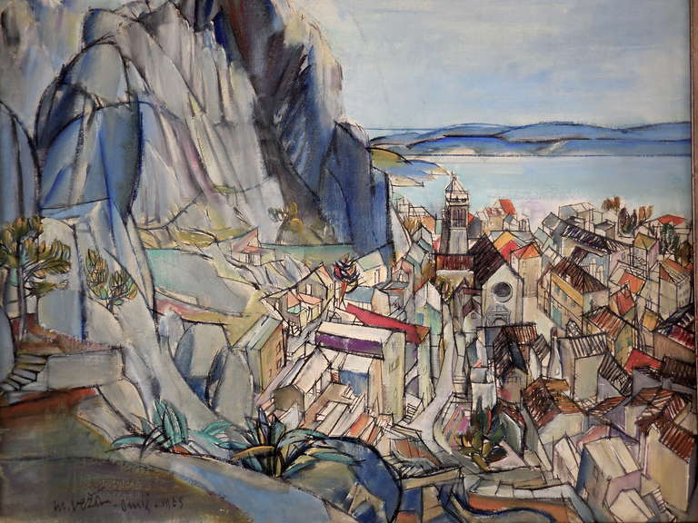 An oil on canvas view of the seaside town and port of Omis by Croatian artist Mladen Veza (1916 - 2010).  Veza studied and graduated from the Zagreb Academy of Fine Arts and taught there until 1981.  He move to Paris in 1950 to advance his artistic