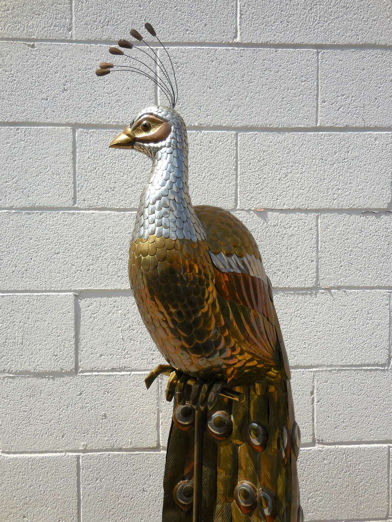 Mid-Century Modern Amazing and Rare Mixed Metal Peacock on Stand