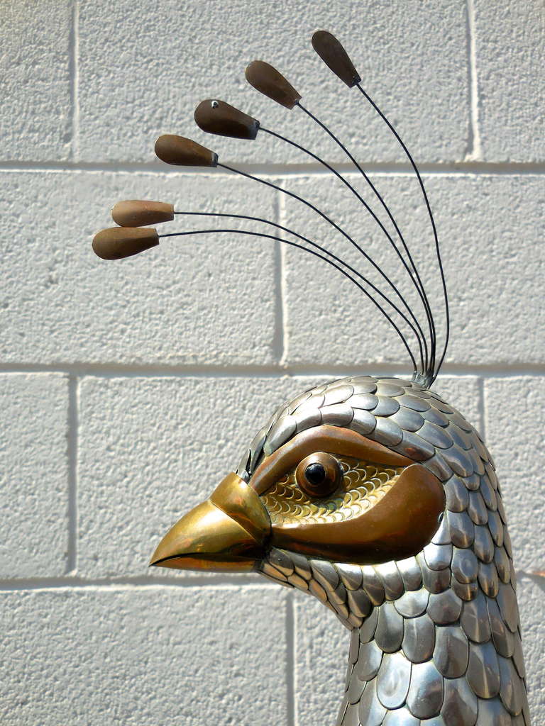 Amazing and Rare Mixed Metal Peacock on Stand In Excellent Condition In Palm Springs, CA