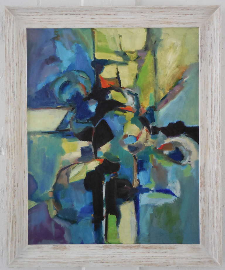 A colorful abstract oil on canvas composition, signed in lower right Mary Albertz and dated 1976.  The colors that are incorporated in the composition are bright, cheerful and decorative.  The piece has been newly reframed in a distressed off-white