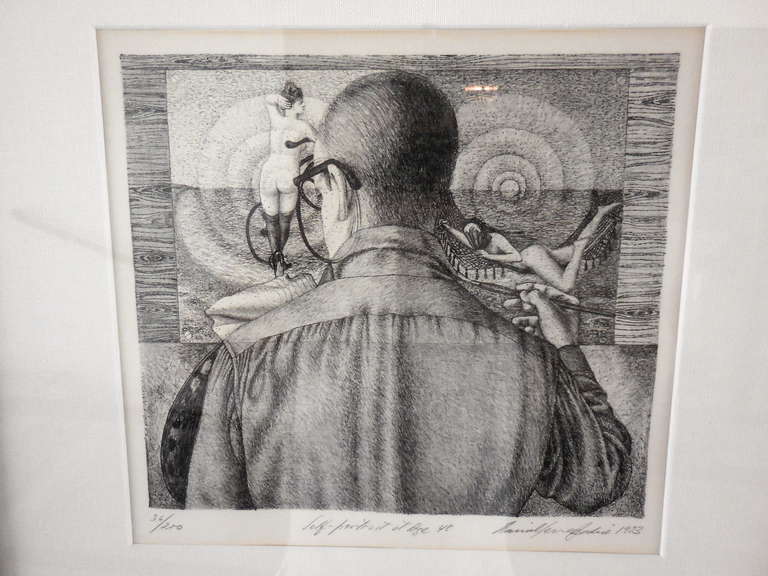 A black and white lithograph entitled 
