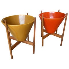Glazed Ceramic Architectural Pottery Planters in Walnut Stands by Vessel U.S.A