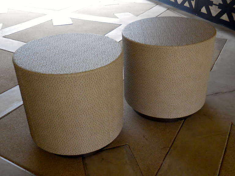 Mid-Century Modern Pair of Drum Tables with Faux Ostrich Covering