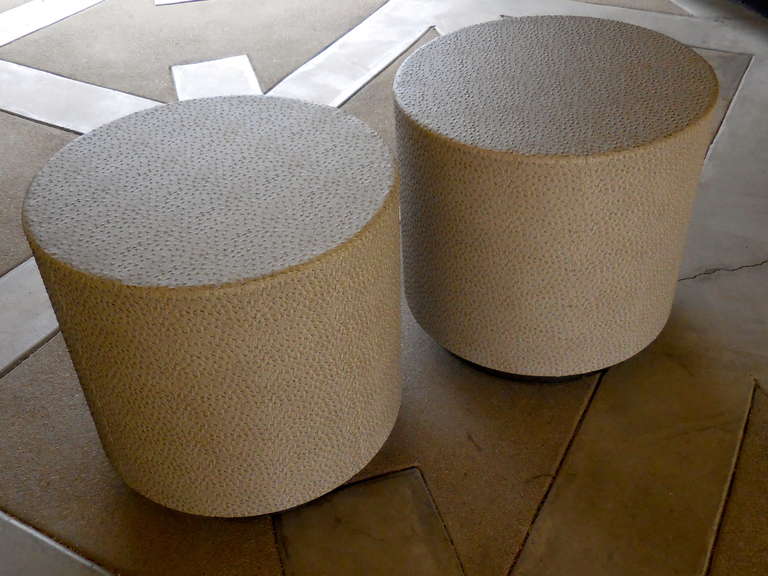 Steel Pair of Drum Tables with Faux Ostrich Covering