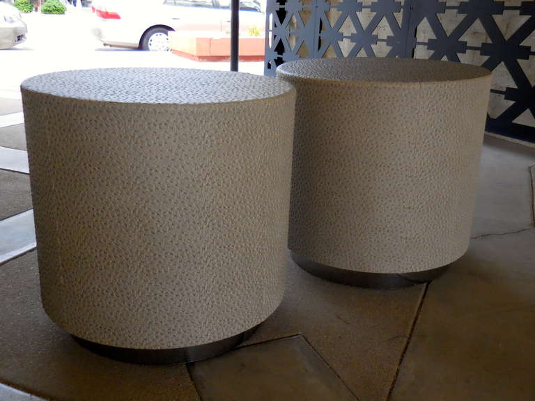 Pair of Drum Tables with Faux Ostrich Covering In Excellent Condition In Palm Springs, CA