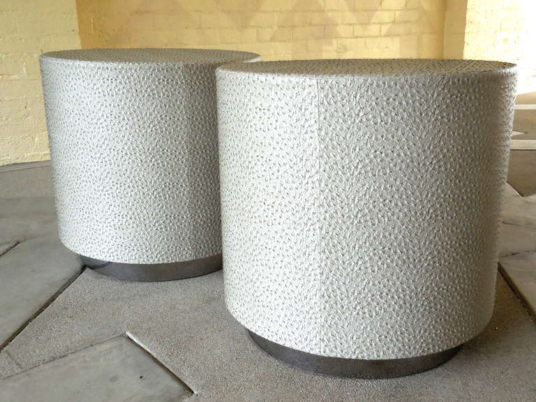 20th Century Pair of Drum Tables with Faux Ostrich Covering