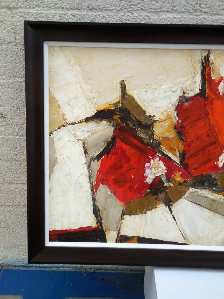 A dynamic Abstract Expressionist oil on board, signed in the lower right Paul Davies and dating from the 1950s. The composition of the painting successfully relies on color-blocking and has a great deal of impasto that has been created by both brush