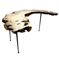 An Asian burl root crescent shaped table on three legs