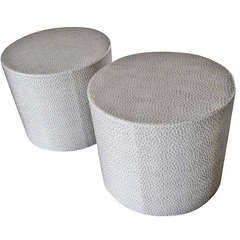 Retro Pair of Drum Tables with Faux Ostrich Covering