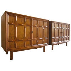 Striking Pair of Walnut and Oak Cabinets Made by Heritage Furniture C. 1960 Striking Pair of Walnut and Oak Cabinets Made by Heritage Furniture C. 1960