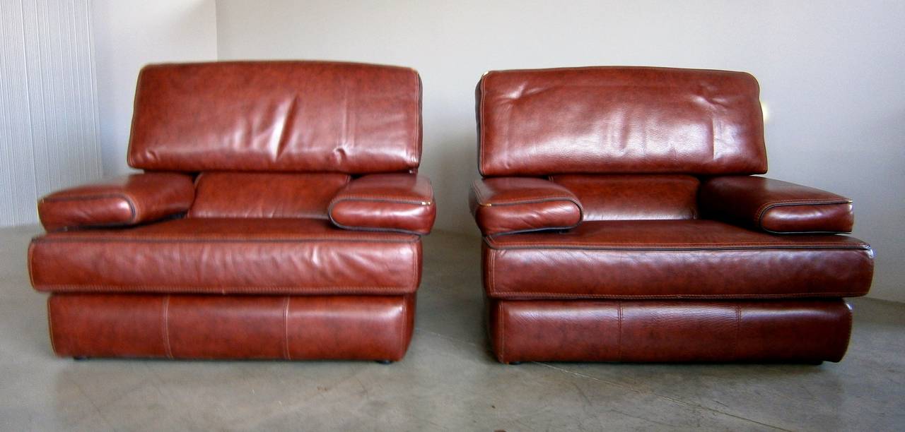 Mid-Century Modern Handsome Pair of Leather Club Chairs in the Style of De Sede For Sale