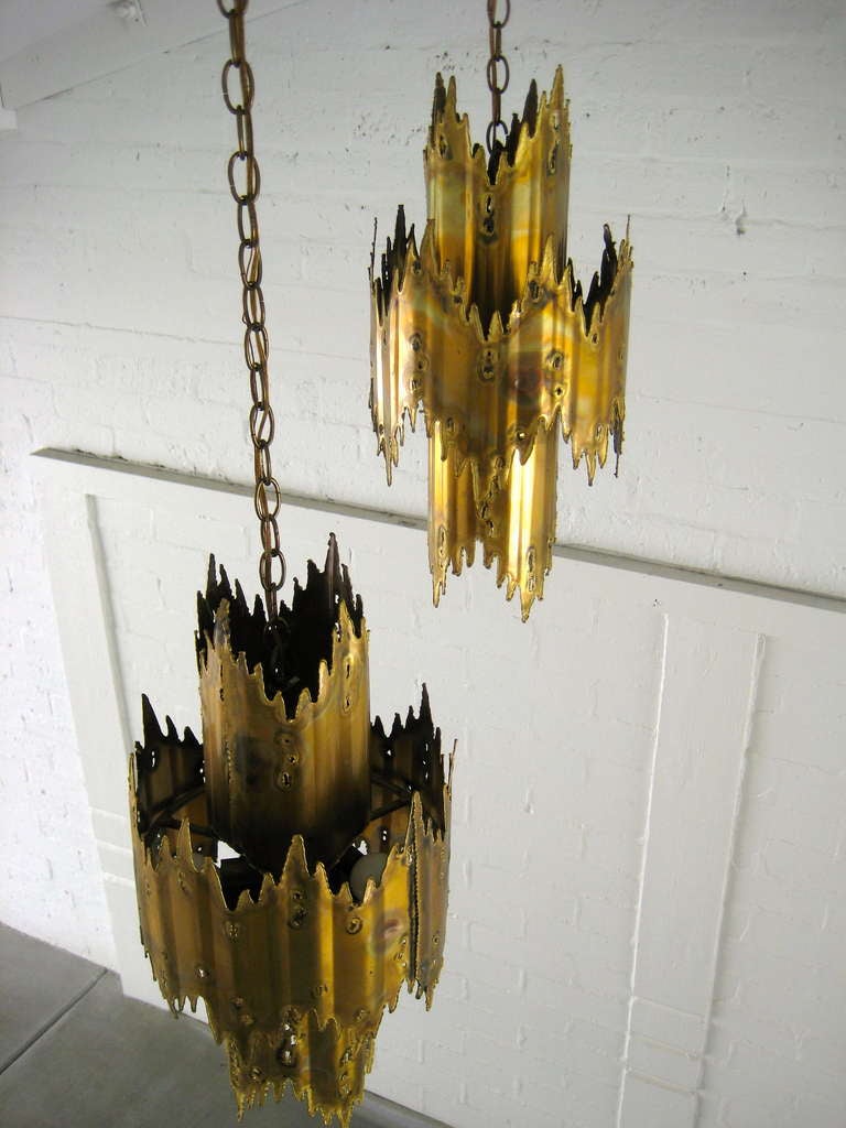 American A Pair Of Brutalist Pendant Lights c.1960's By Tom Greene For Monteverdi Young.