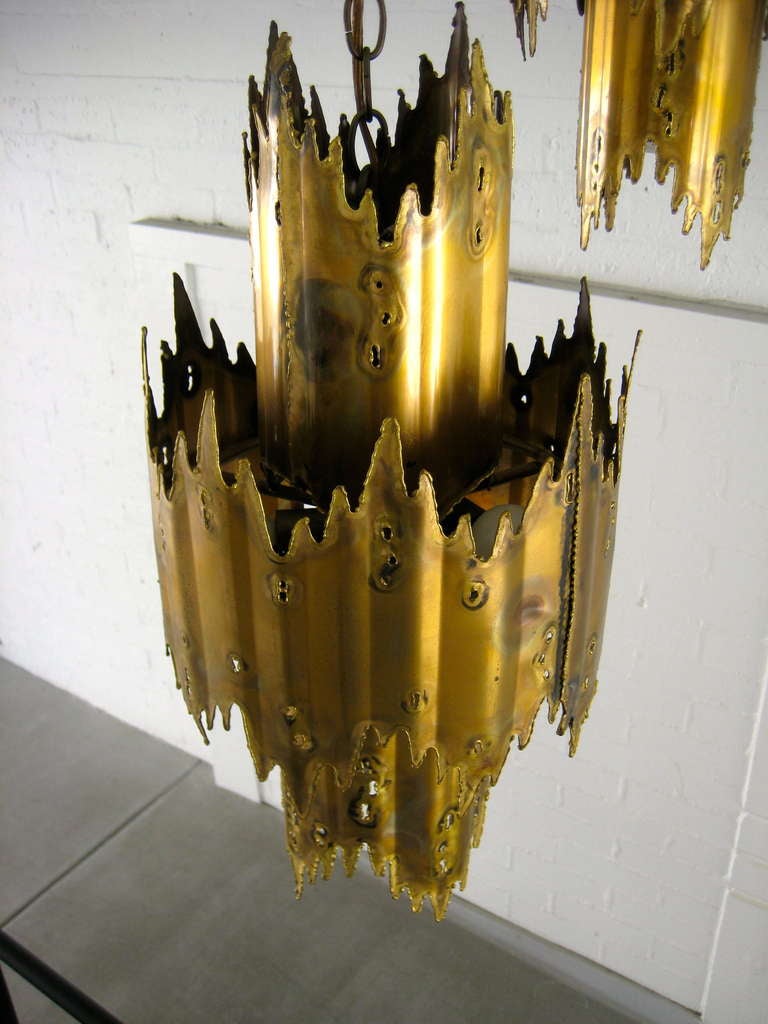 Brass A Pair Of Brutalist Pendant Lights c.1960's By Tom Greene For Monteverdi Young.