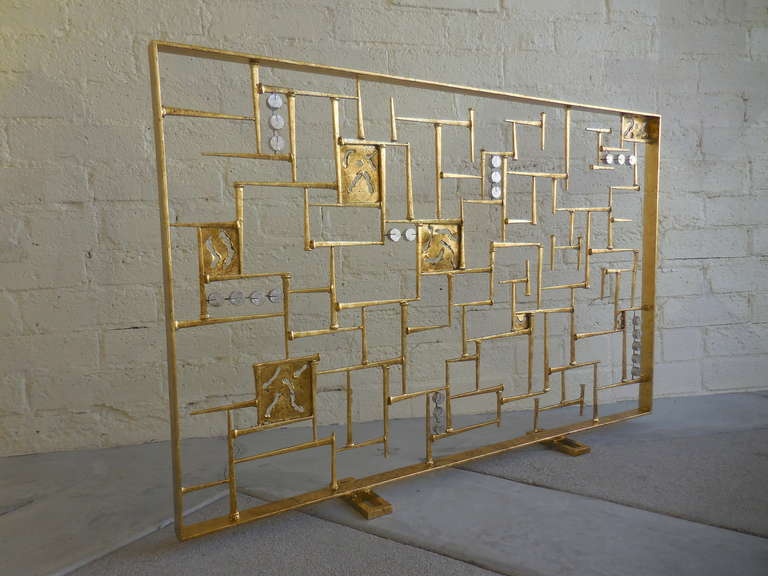 Mid-Century Modern Hand Fabricated Gold Leafed Steel Modernist Fire Screen by Sculptor Del Williams